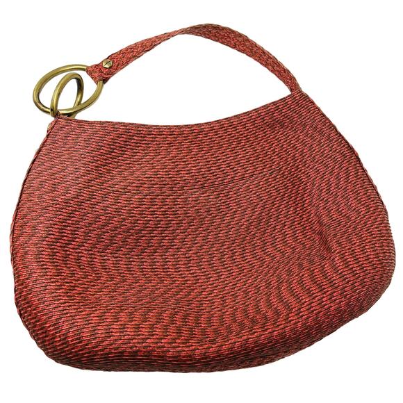 Eric Javits Woven Handbag Brass Loop Detail Shoulder Red Gold - Picture 1 of 8
